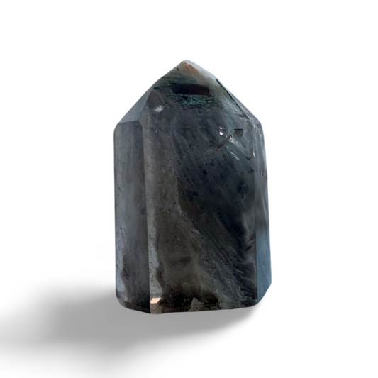 AMPHIBOLE WINDOW SMOKY QUARTZ SMALL TOWER