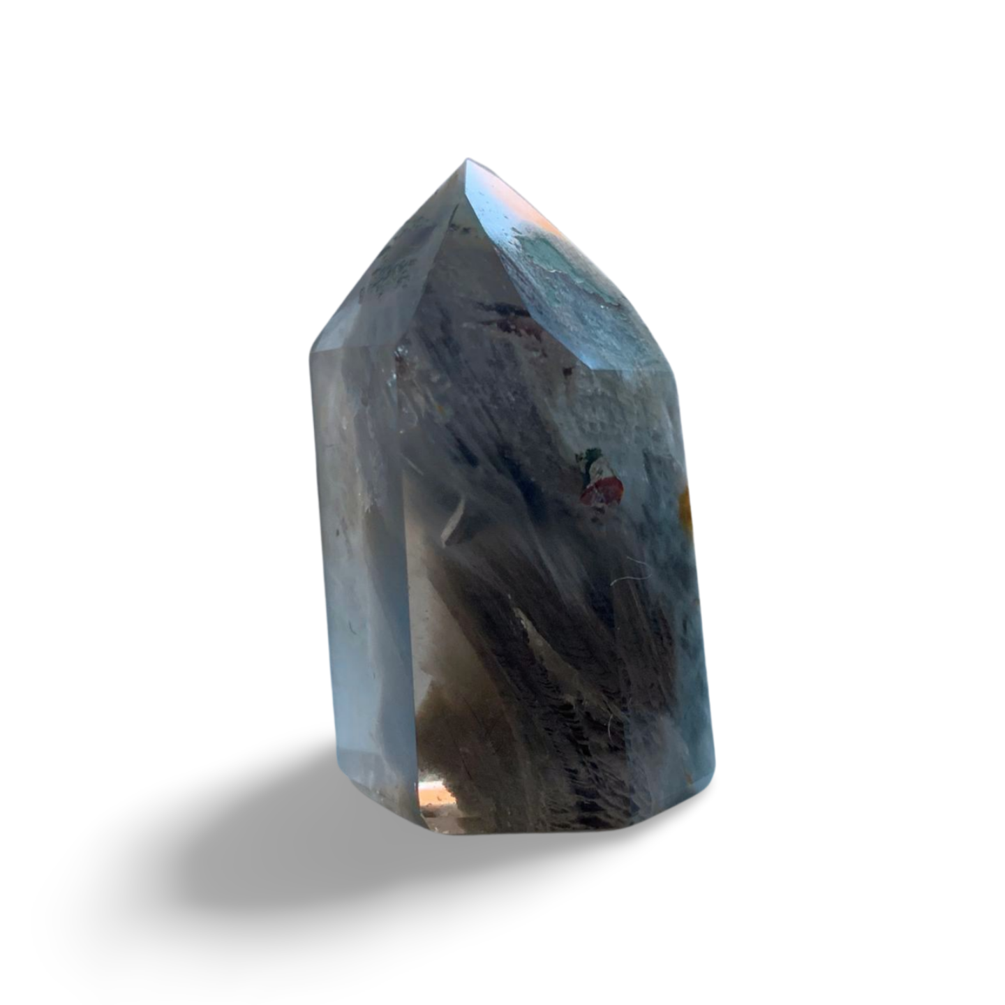 AMPHIBOLE WINDOW SMOKY QUARTZ SMALL TOWER