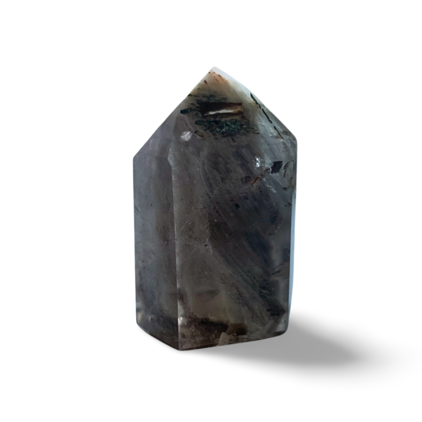 AMPHIBOLE WINDOW SMOKY QUARTZ SMALL TOWER