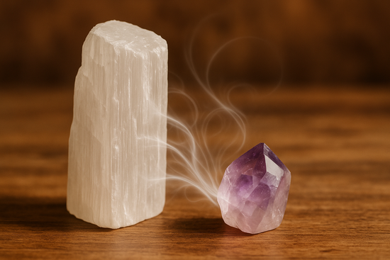 a piece of selenite cleaning and charging a crystal